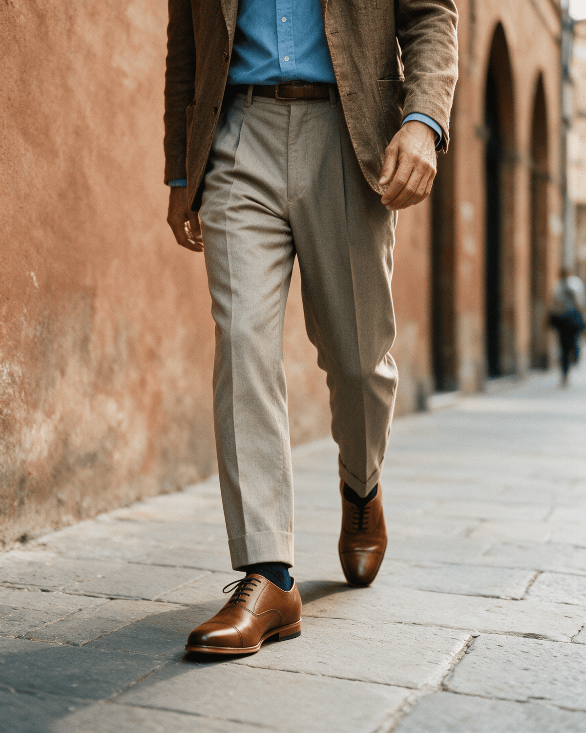 Cognac gladleren Rhodes veterschoen – gedragen, lopend richting de camera