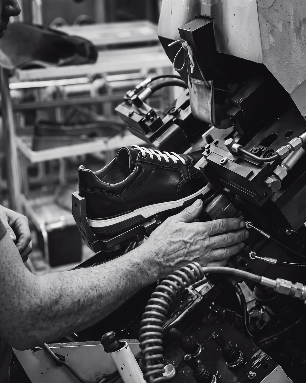 Zwart gladleren Positano sneaker – zwart-wit foto van het ambachtelijke productieproces
