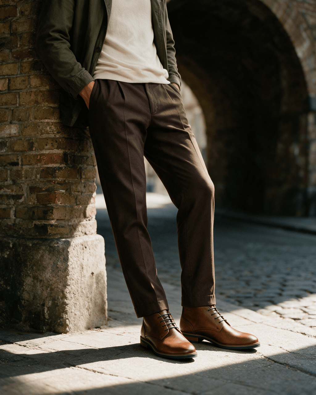 Licht cognac gladleren Amalfi halfhoge veterschoen – gedragen, leunend tegen een viaductpijler