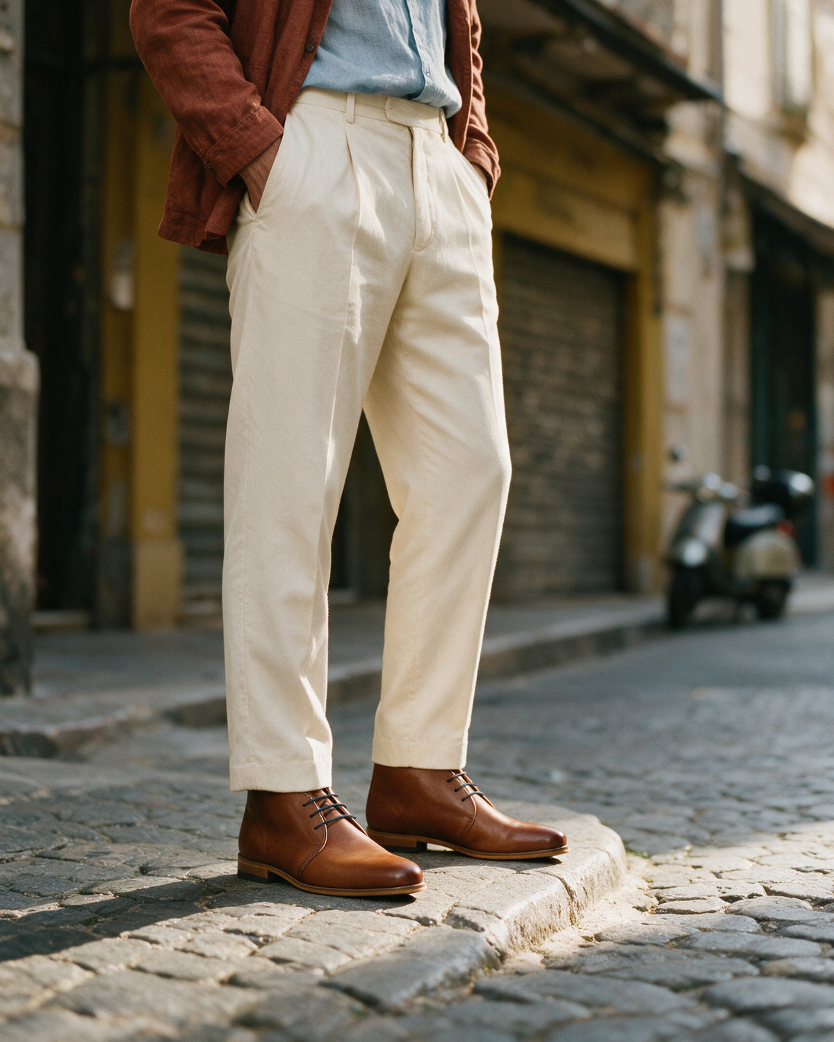 Cognac gladleren Rhodes halfhoge veterschoen – lifestyle wachtend bij de stoeprand