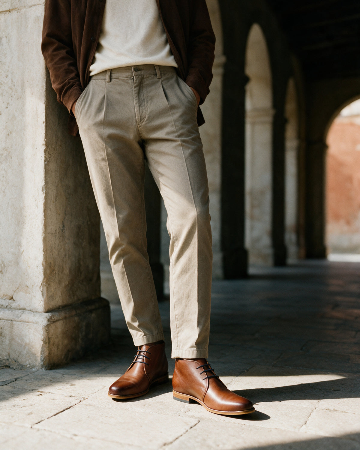 Cognac gladleren Rhodes halfhoge veterschoen – lifestyle geleund tegen een arcade