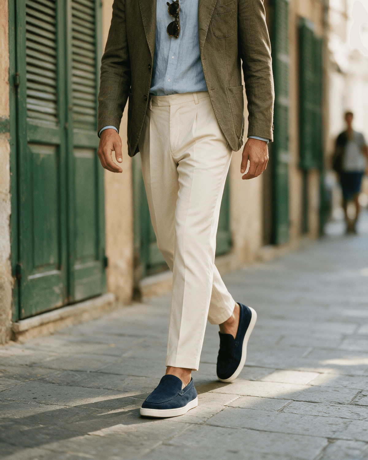 Blauw suède Lugano loafer – gedragen, lopend richting de camera
