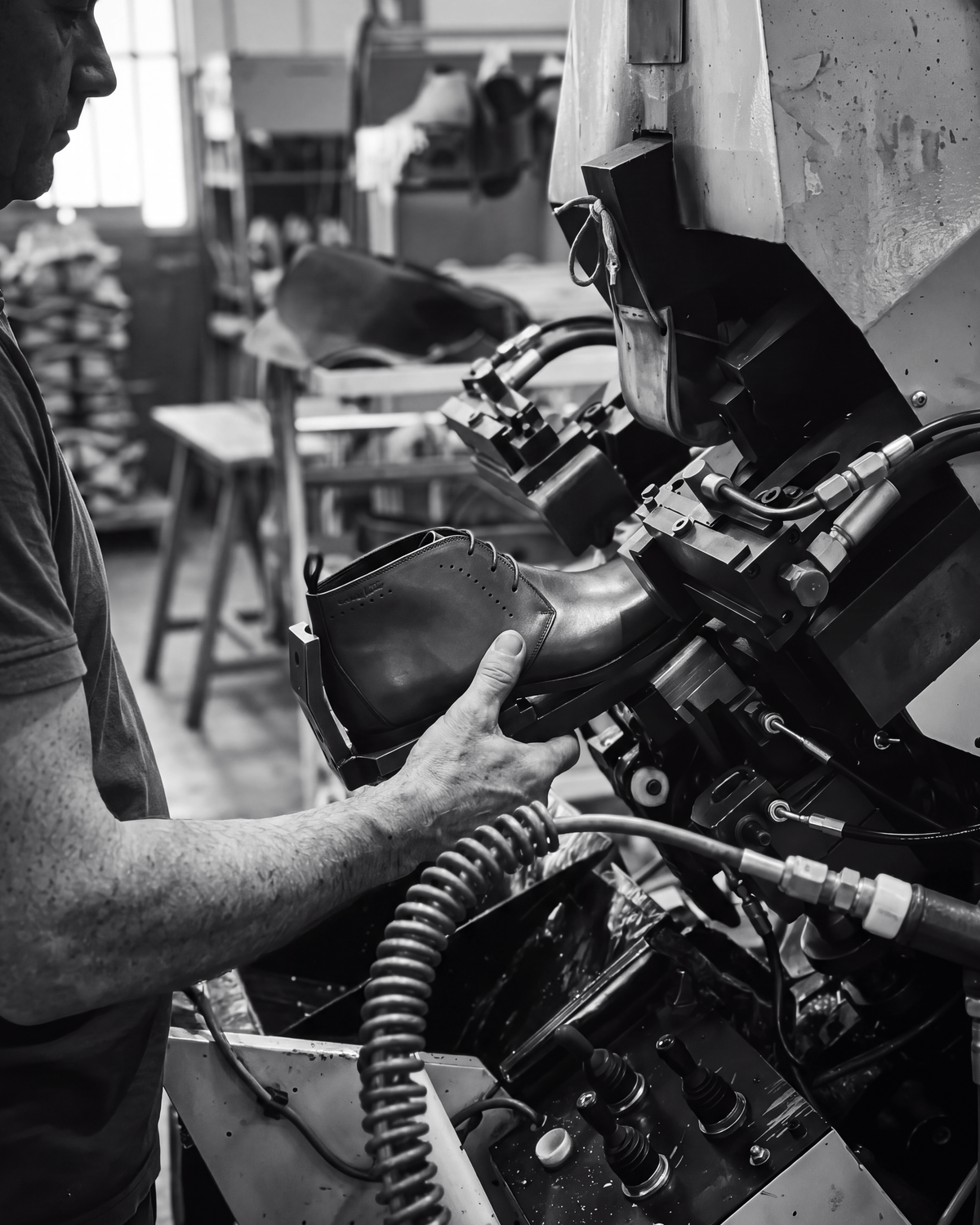 Cognac gladleren Bregenz halfhoge veterschoen – vakmanschap in de fabriek