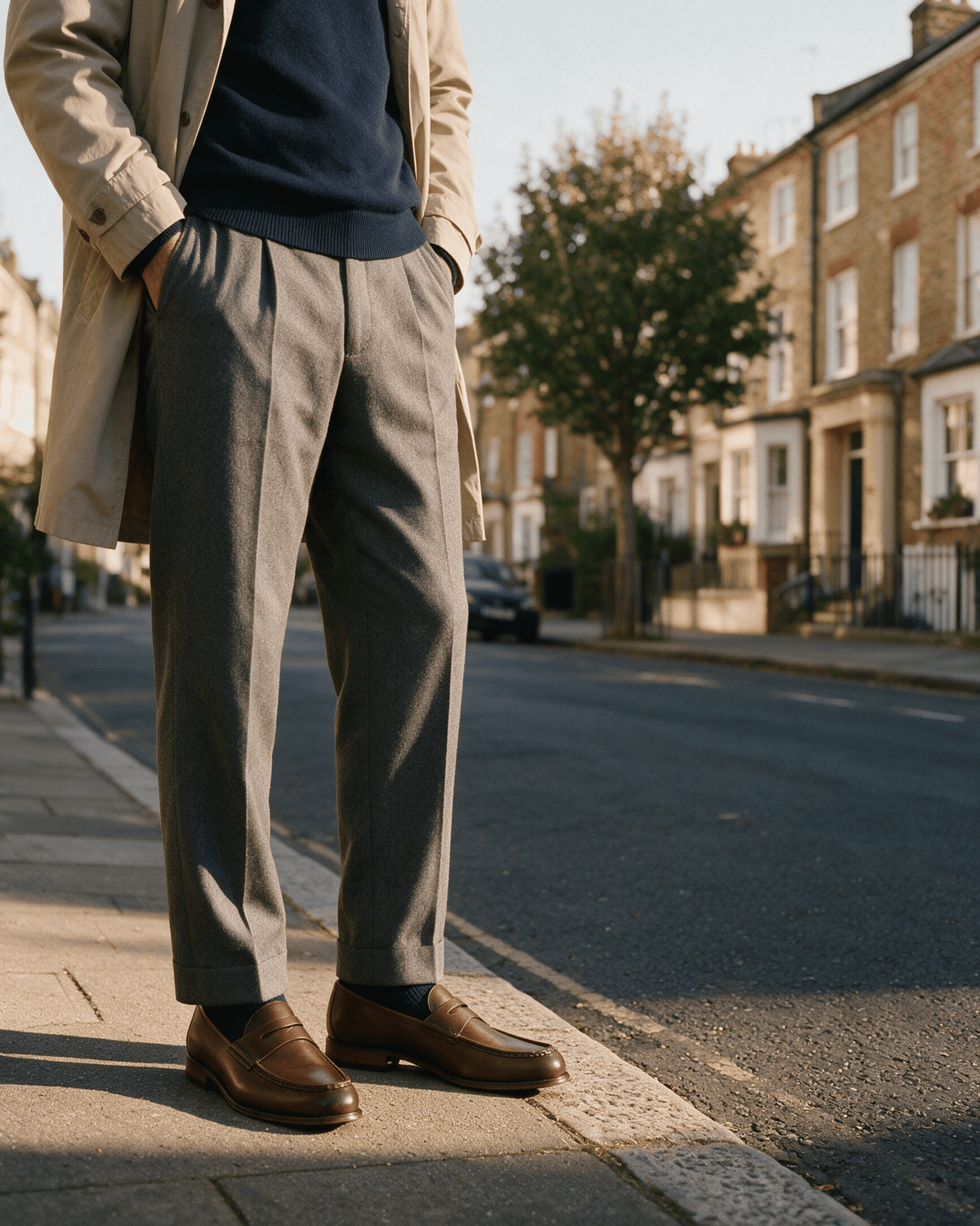 Cognac gladleren Cambridge Penny loafer – gedragen, staand op de stoeprand met donkerblauwe sokken