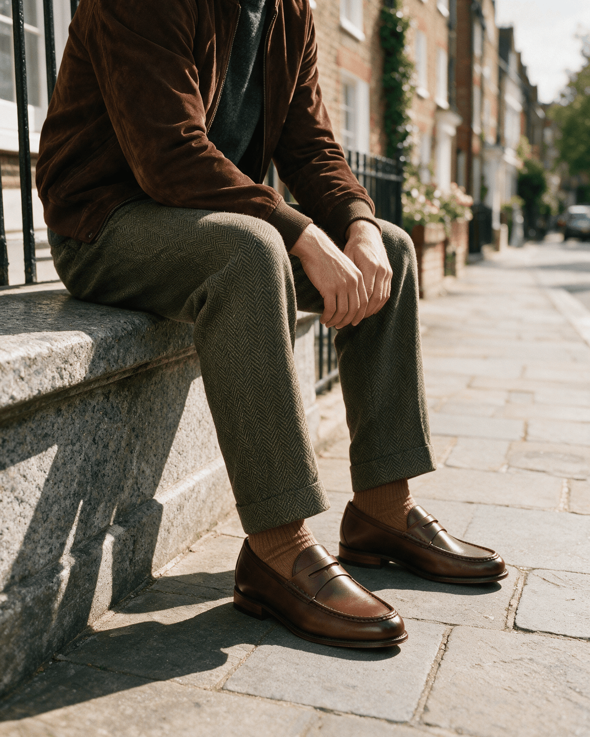 Cognac gladleren Cambridge Penny loafer – gedragen, zittend op een stoep