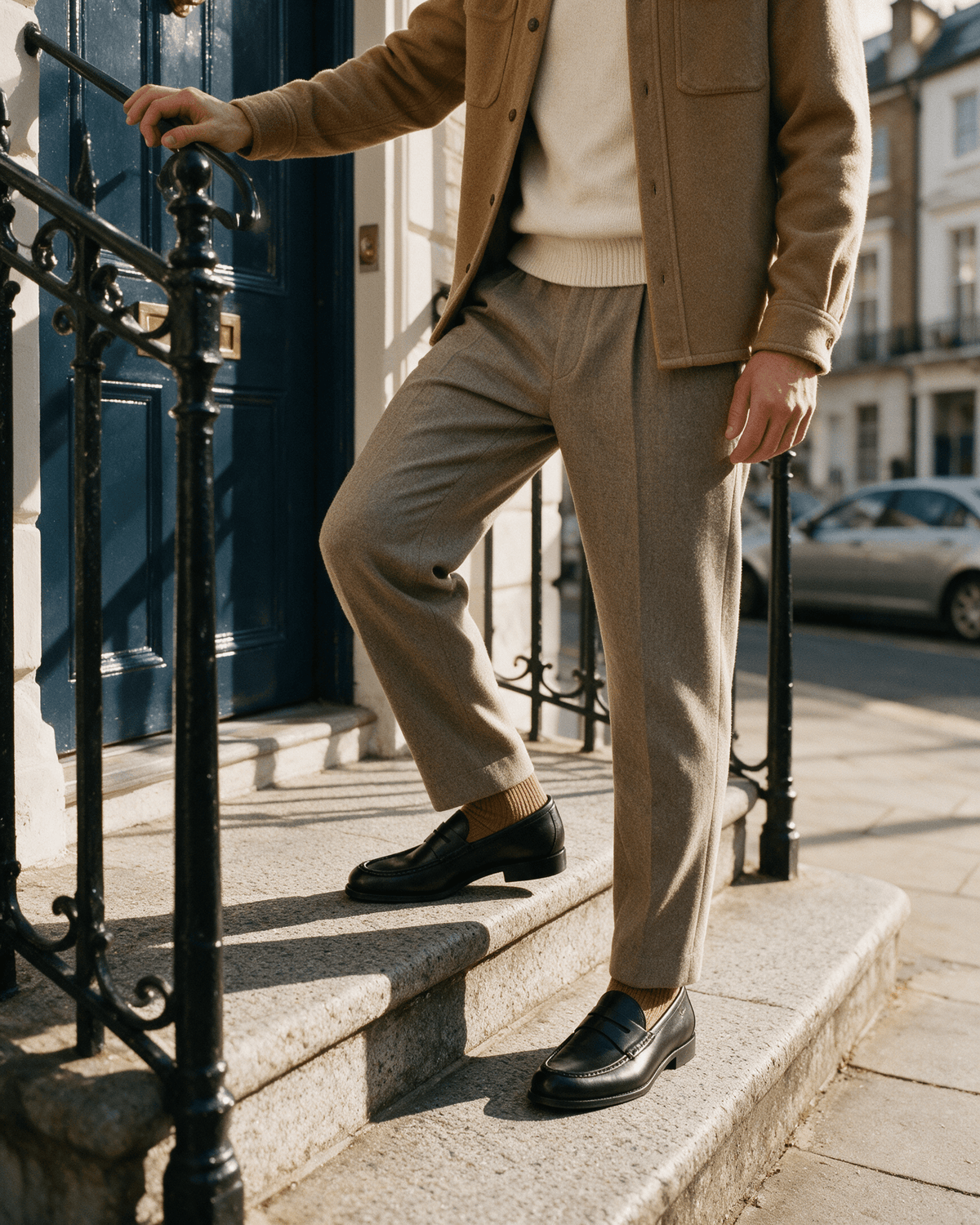 Zwart gladleren Cambridge Penny loafer – gedragen met bruine jas, op een stenen trap
